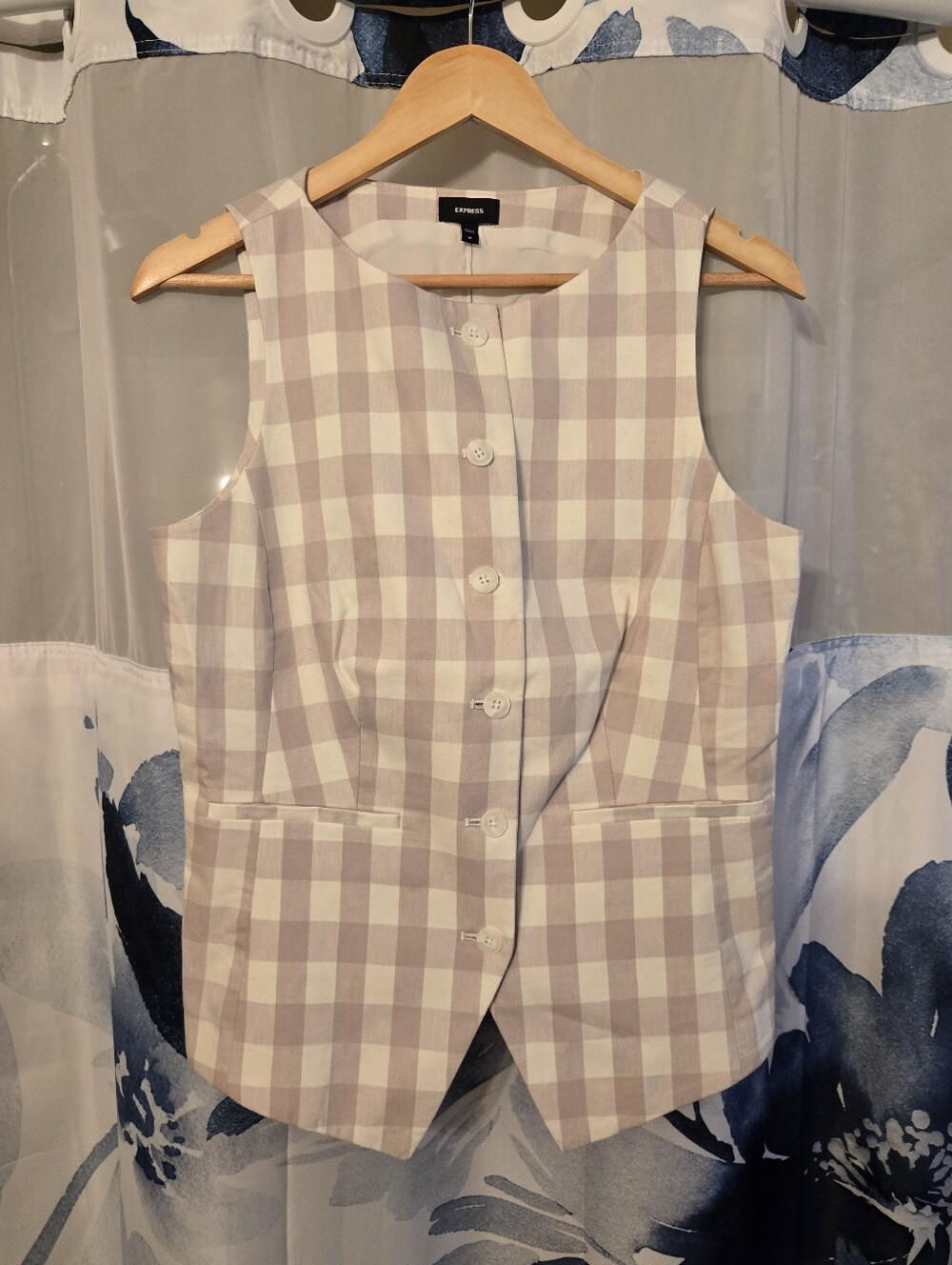 Linen-Blend Gingham Boat Neck Cutaway Blazer Vest